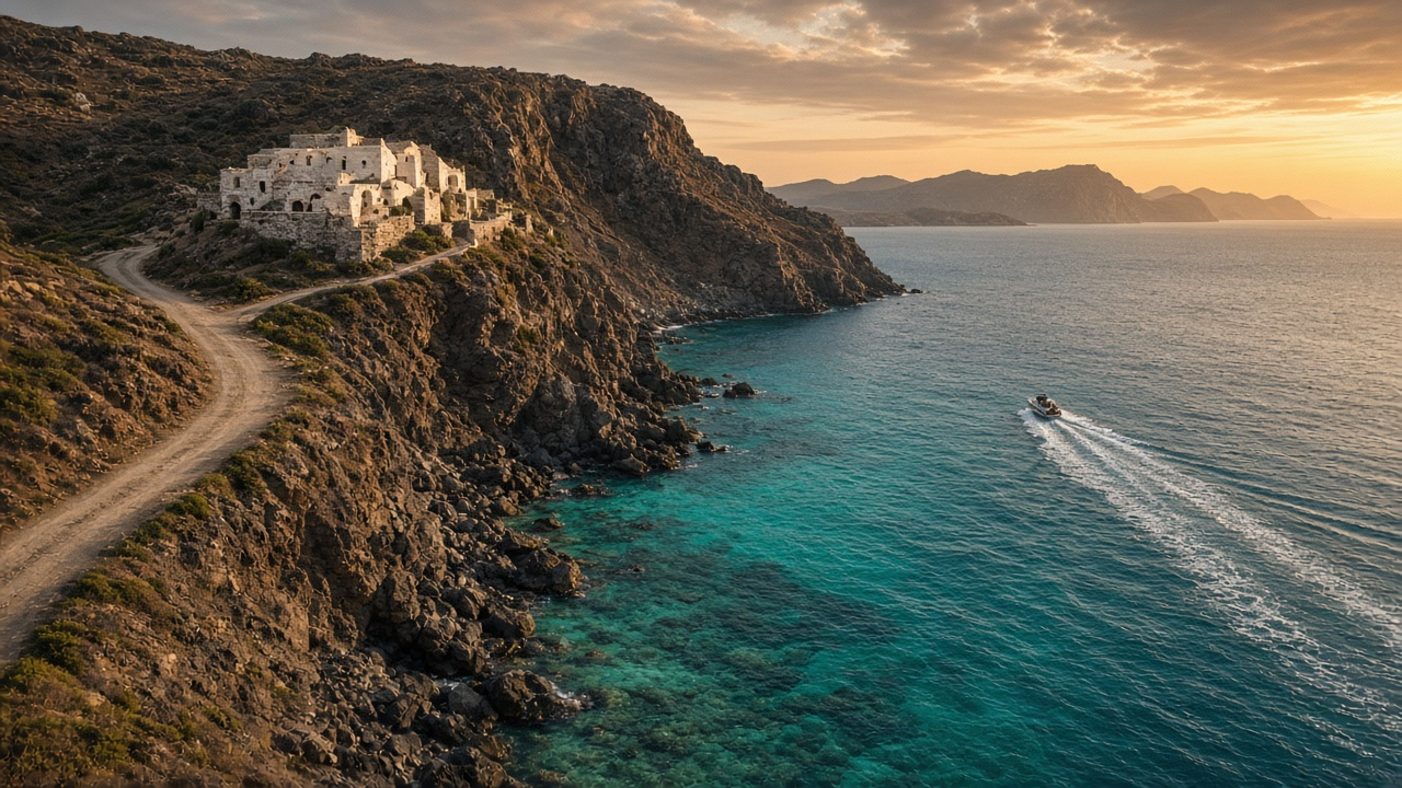 Whitewashed stone villa on a cliff above a turquoise sea at golden hour, with a motorboat speeding away