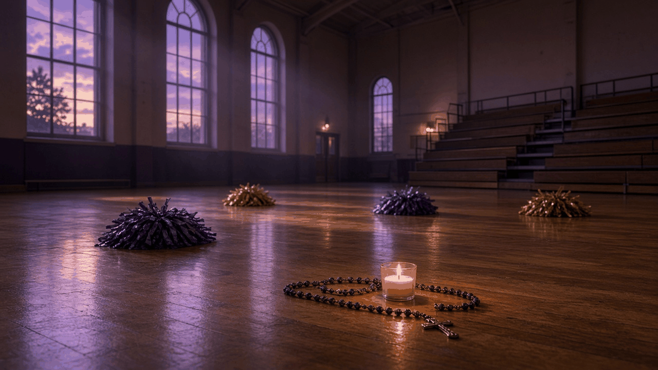 An empty school dance studio with mirrored walls and lockers, with no people, text or logos