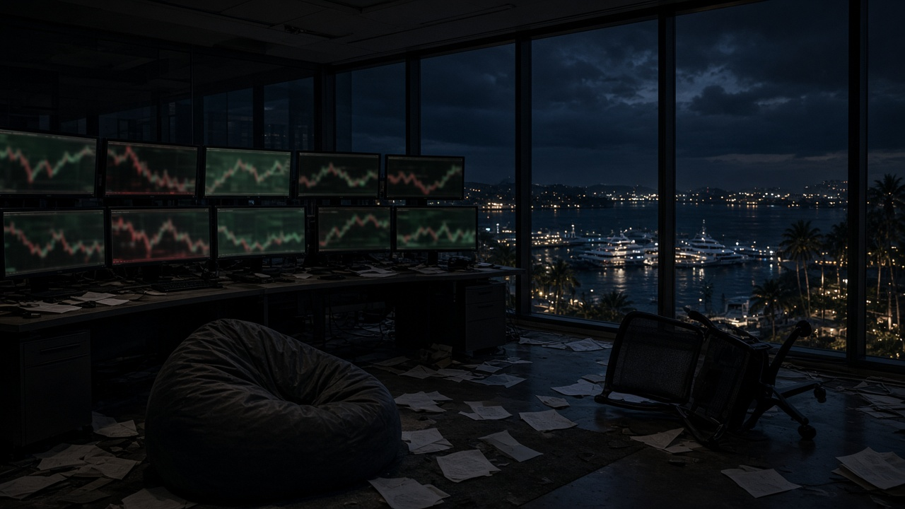 A dark, abandoned trading office at night with rows of glowing monitors, scattered papers, a beanbag and an overturned chair beside windows overlooking a harbor with yachts, no people, no text, no logos