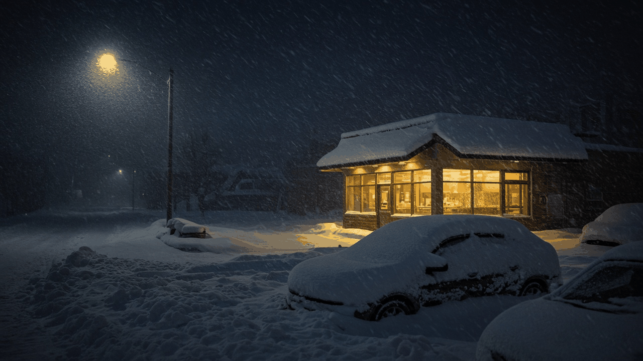 Snow-covered city street beside a warmly lit restaurant at night, with no people, text or logos
