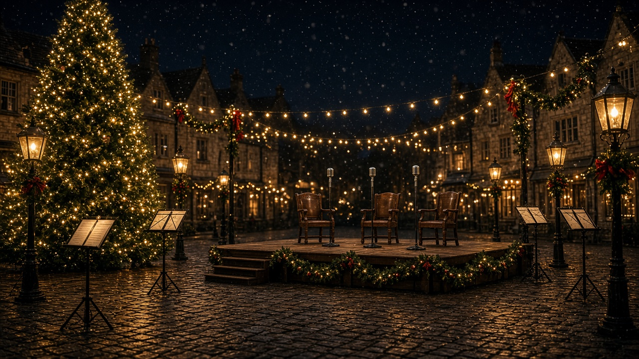 A festive town square at night with a lit Christmas tree, string lights, lanterns, music stands and a garland-trimmed stage with three empty judges' chairs