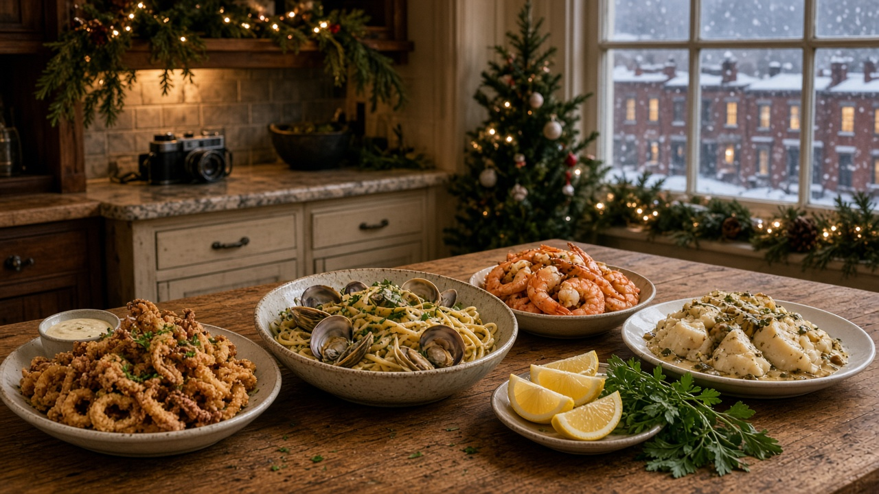 Boston kitchen on Christmas Eve with a table of Feast of the Seven Fishes dishes, a vintage camera on the counter and snowy brick rowhouses outside, no people