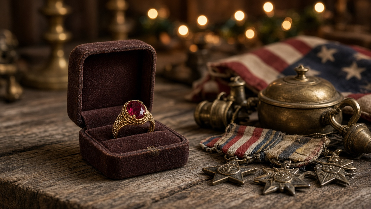 Antique gold-and-ruby ring in an open velvet box on a wooden antiques counter with Christmas lights behind, no people