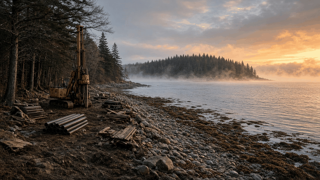 Forested island shoreline in Nova Scotia at sunset with a yellow drilling rig, stacked steel pipes and planks beside a rocky beach and misty bay, no people, no text, no logos
