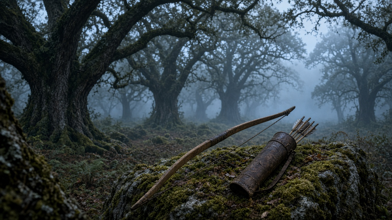 Misty English woodland at dusk with a weathered longbow and arrow quiver resting on mossy stone, soft fog between oaks, photoreal, no people, text or logos