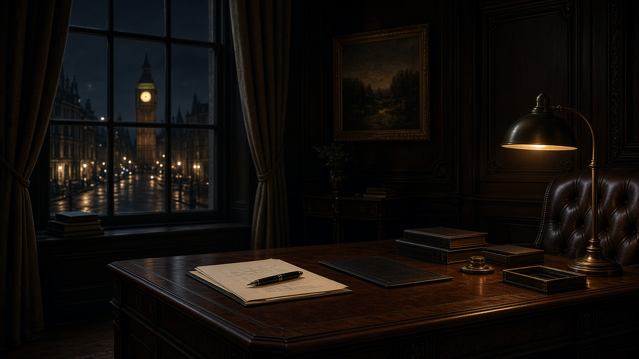 Wood-paneled study with papers and a pen on a desk and London's Big Ben visible through a window at night