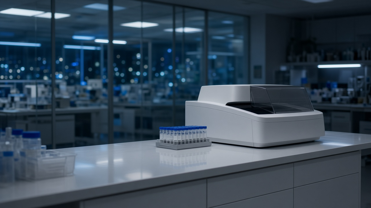 An empty biotech lab at night with a white benchtop testing machine and a tray of small sample vials on a glossy counter