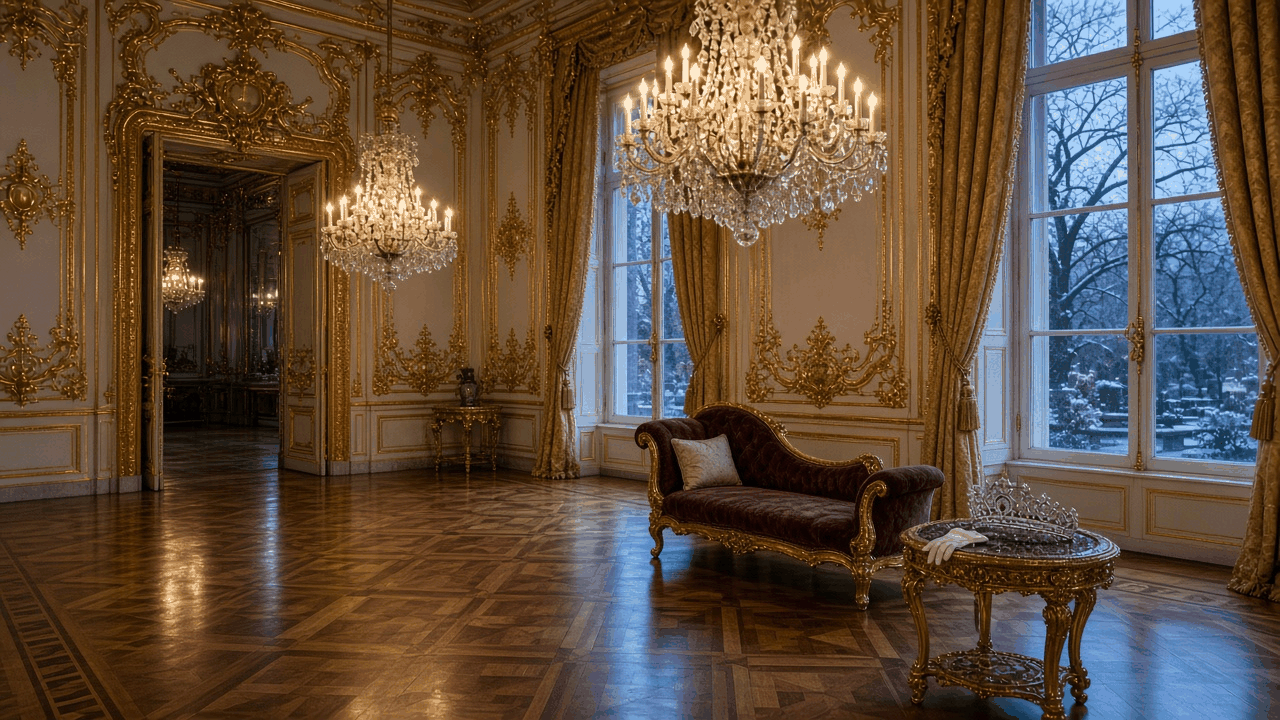 An empty ornate European palace hall with candlelight, with no people, text or logos