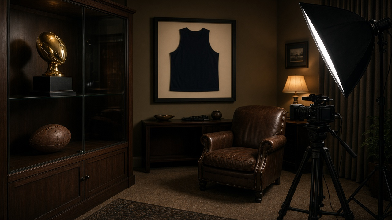 Dim den with a gold trophy and old football in a glass case, a framed jersey, an empty leather armchair and a film camera with a softbox light, no people, no text, no logos