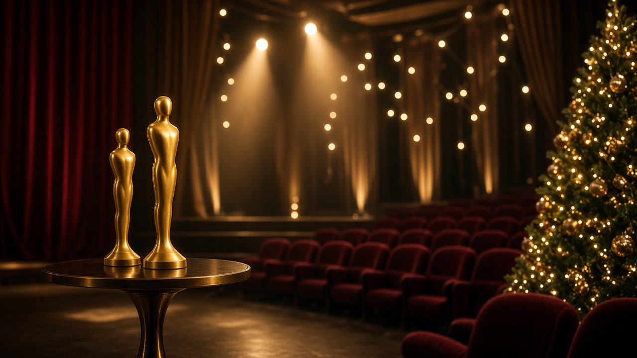 Two golden statuettes on a small round table in front of an empty theater stage with warm spotlights, red velvet seats and a lit Christmas tree