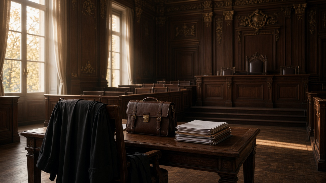 Empty ornate wood-paneled courtroom in soft afternoon light, a black lawyer's robe draped over a chair beside a leather briefcase and a stack of case files