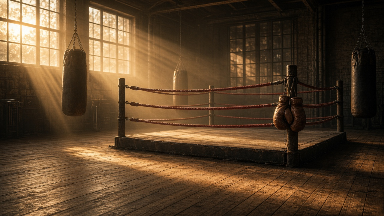 Empty vintage boxing gym at golden hour with a ring, red ropes, worn leather gloves on a corner post and hanging heavy bags, no people, no text, no logos
