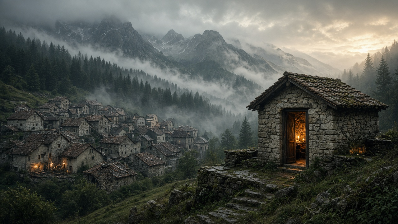 Misty Italian mountain village at dawn with a candlelit stone chapel on the hillside