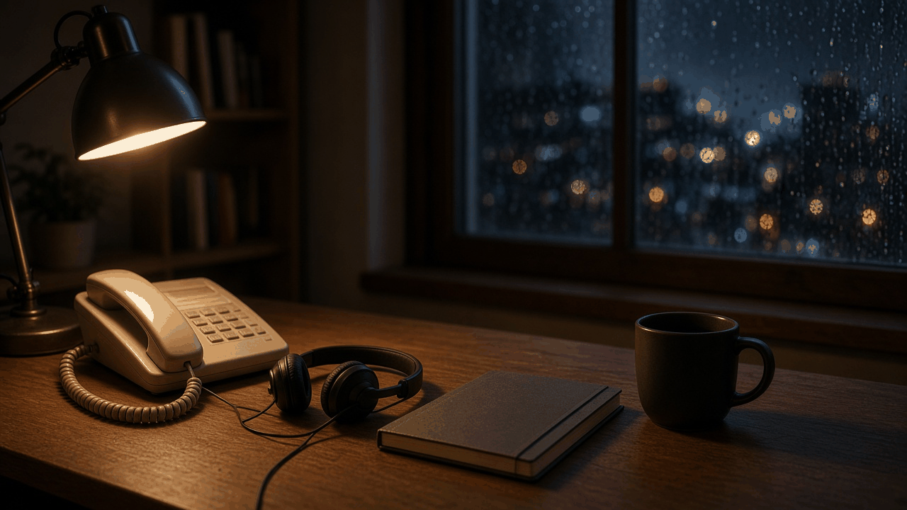 Desk lamp glowing over a telephone and headset, with no people, text or logos