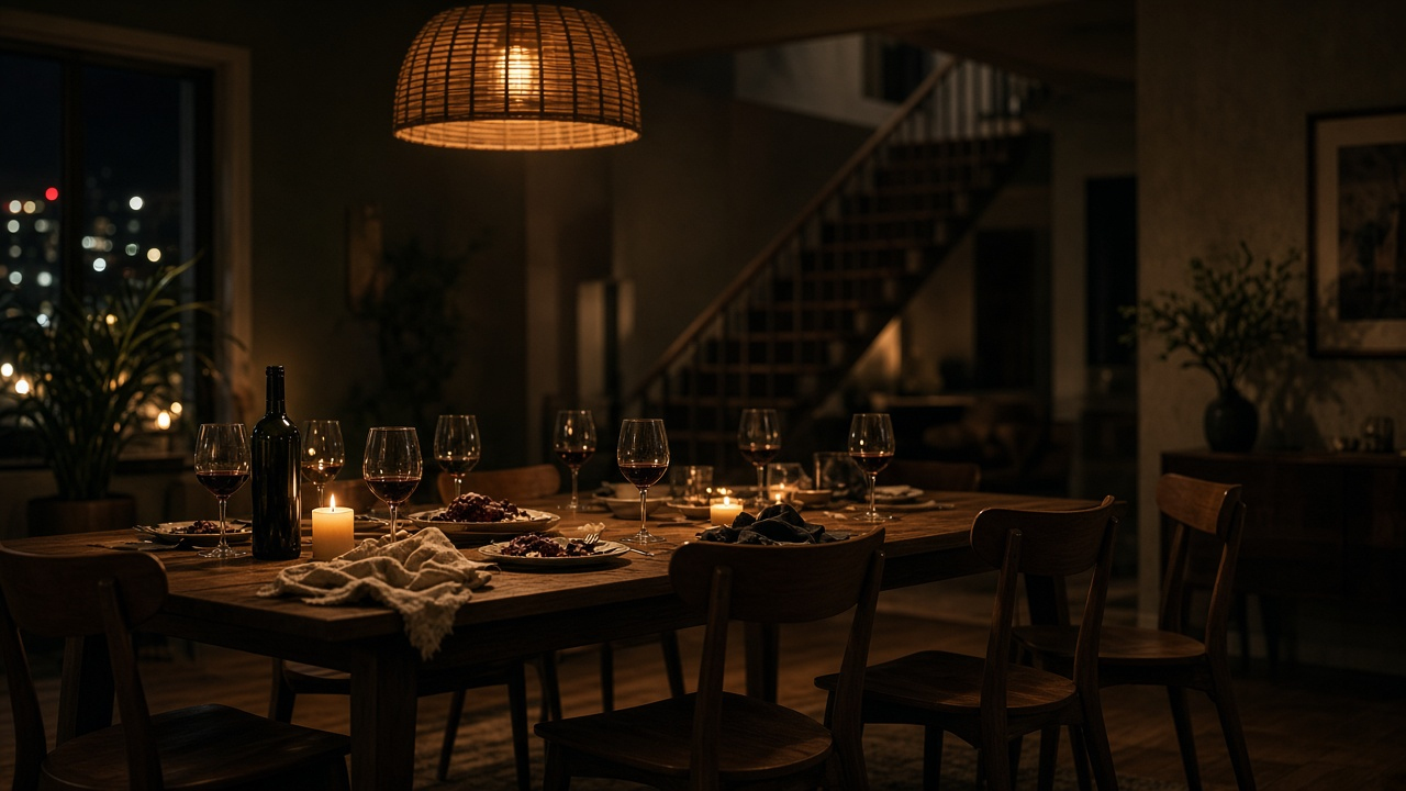 Candlelit apartment dining room at night after a dinner party, with half-empty wine glasses, plates and napkins on a long wooden table, chairs pushed back and a staircase in the background, no people, no text, no logos