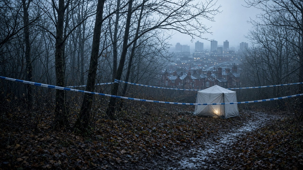 Misty English woodland at dawn with blue and white police tape strung between bare trees, an empty forensic tent and red-brick rooftops and tower blocks in the fog beyond