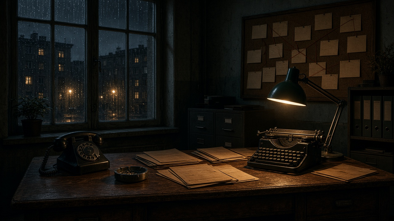 Empty 1980s police office at night with a rotary phone, a manual typewriter, case folders and a green desk lamp, a cork board with blank cards and rain on a window overlooking apartment blocks