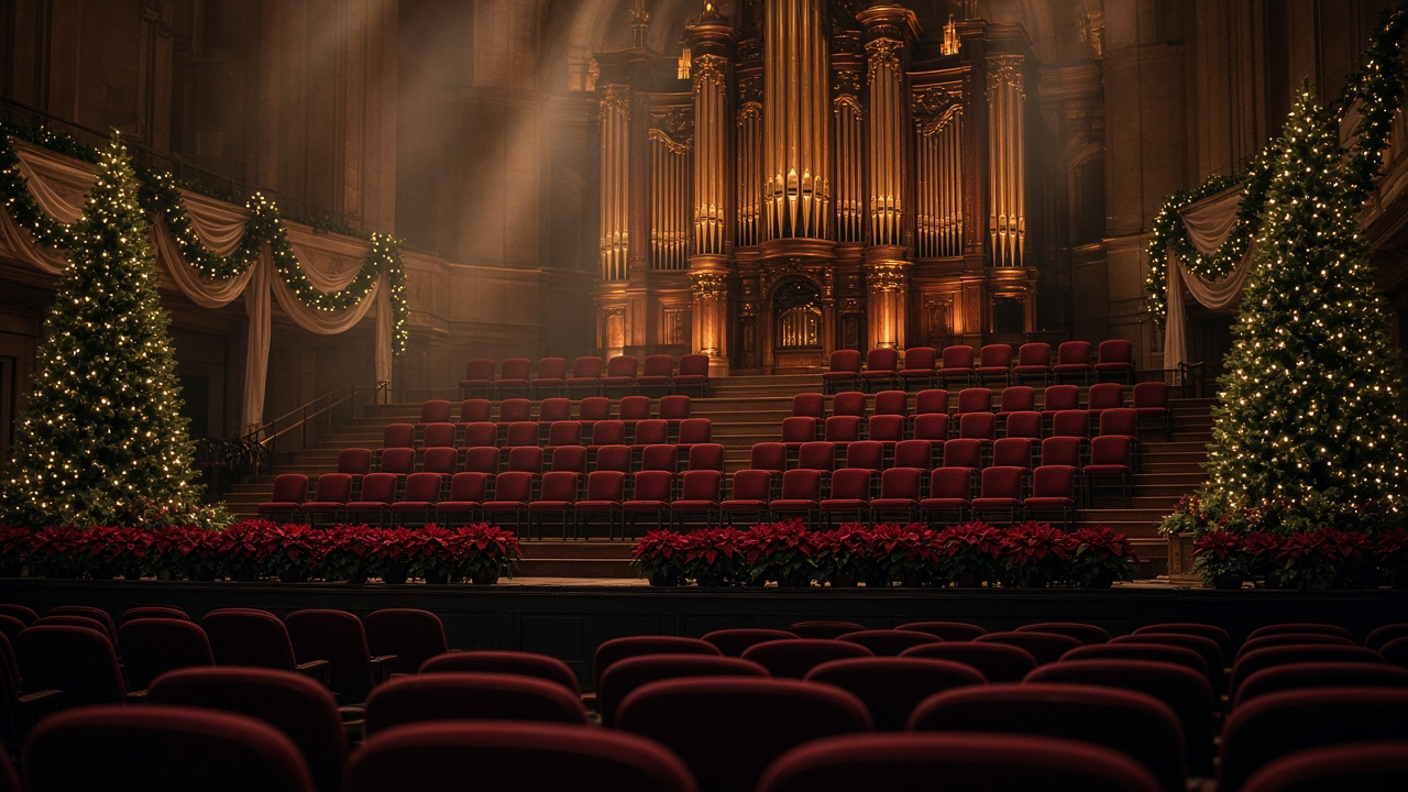An empty concert hall decorated for Christmas, with red choir chairs on risers, a glowing pipe organ, lit evergreen trees and poinsettias along the stage