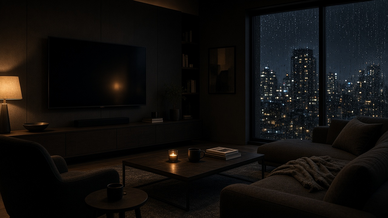 Dark living room at night with a large TV and a rain-streaked window over a city skyline, no people