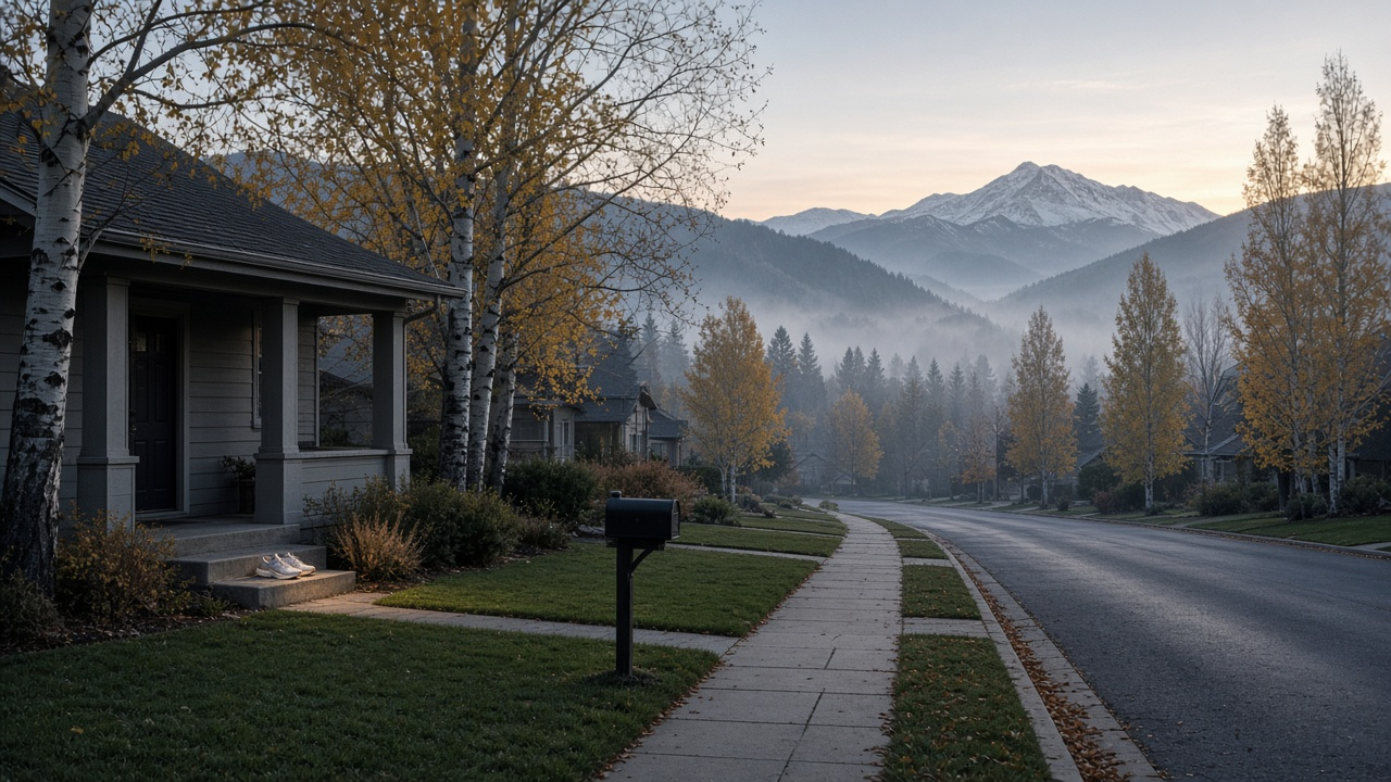 Quiet suburban Colorado street at dawn with trimmed lawns, a sidewalk, a mailbox, running shoes on a porch step and a snowy mountain in the hazy distance
