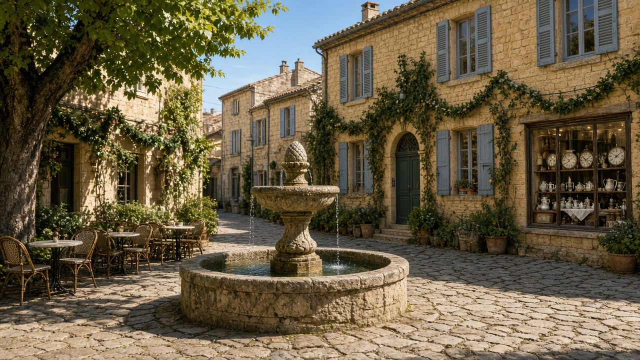Stone fountain in a sunny French village square with an antiques shop window and café tables