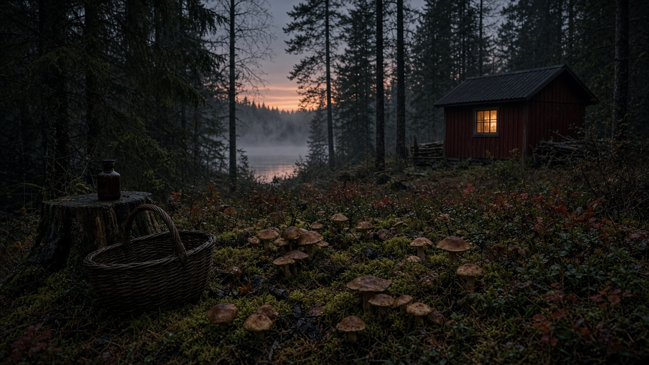 Mossy Finnish forest floor at dusk with wild mushrooms, a wicker basket and a small brown bottle on a stump, and a red wooden shed with a lit window by a misty lake
