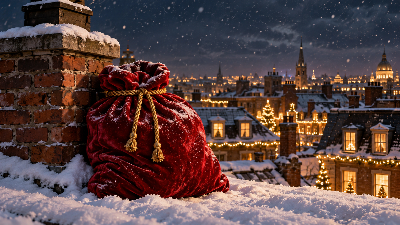 Worn red velvet drawstring sack sitting in fresh snow beside a brick chimney on a city rooftop at night, with string lights and glowing windows behind it