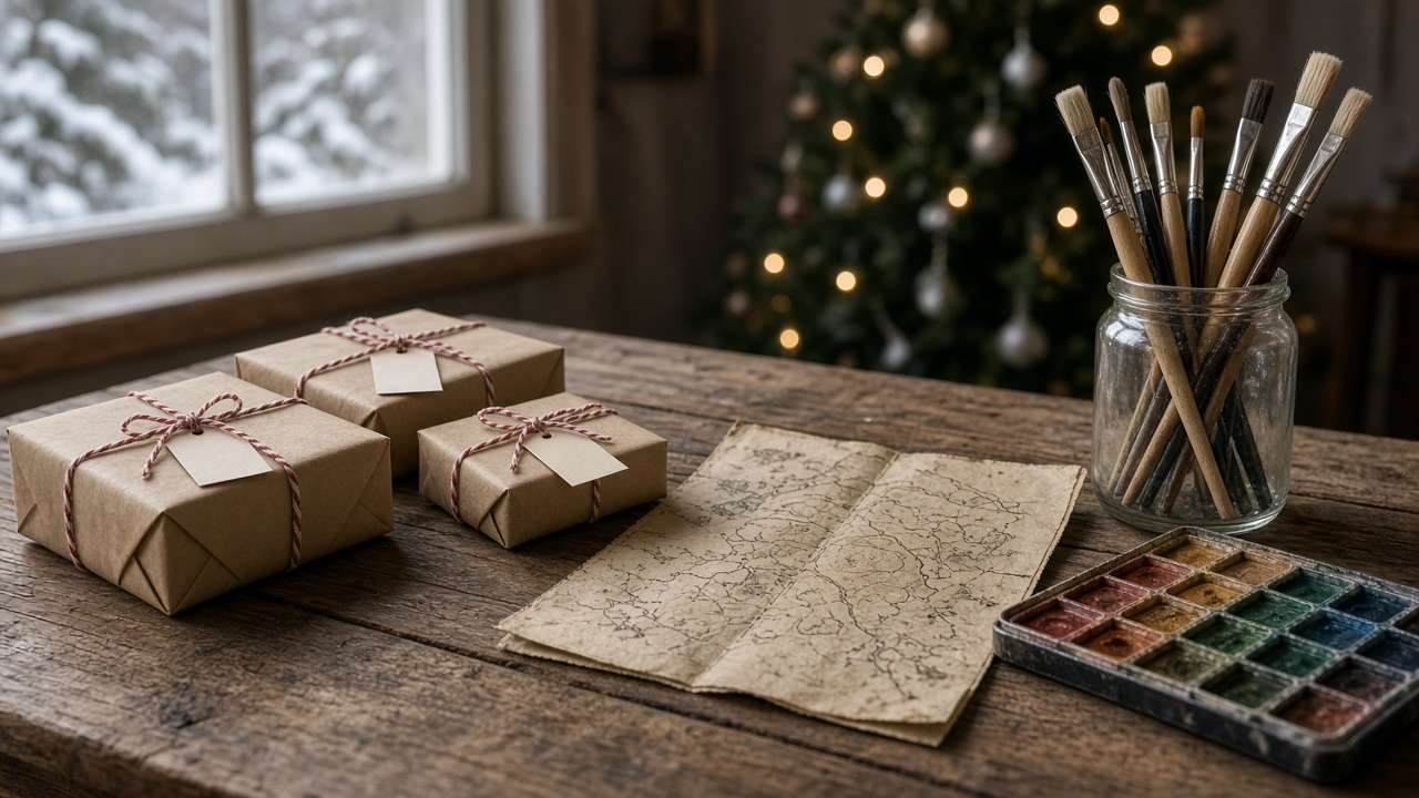 Small wrapped Christmas gifts with kraft-paper tags and a hand-drawn treasure map on a rustic wooden table beside art brushes, no people