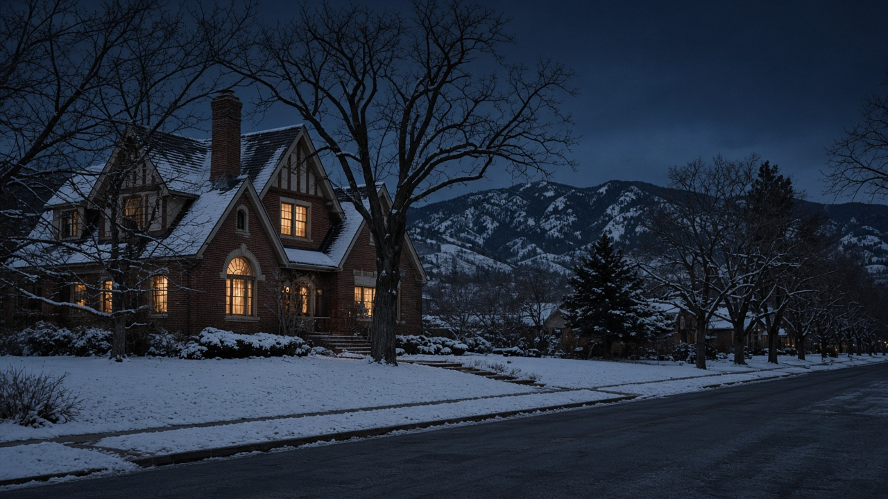 Quiet snowy residential street at night with a brick Tudor-style house, bare trees and snow-covered foothills under a dark winter sky