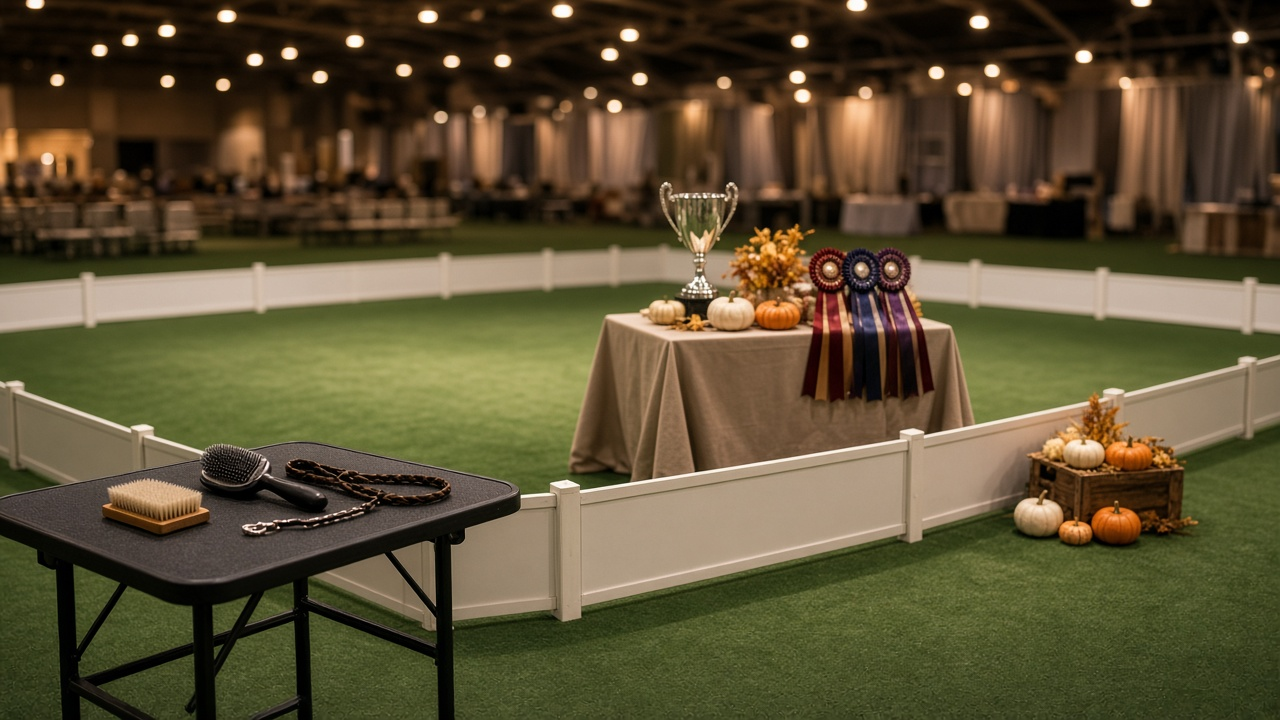 An empty dog show ring in an exhibition hall with green carpet, white fencing, a silver trophy, rosette ribbons and small pumpkins on a draped table