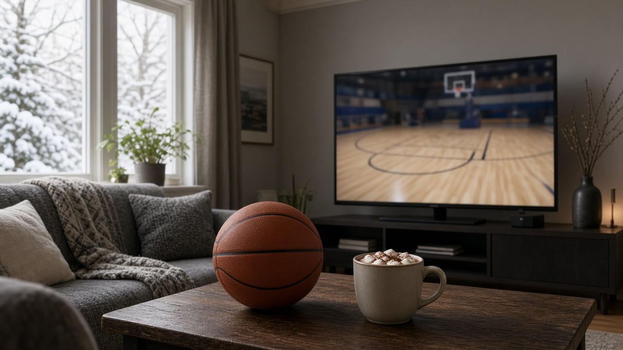 Basketball resting on a polished hardwood court beside a painted line in an empty arena lit by morning sunlight