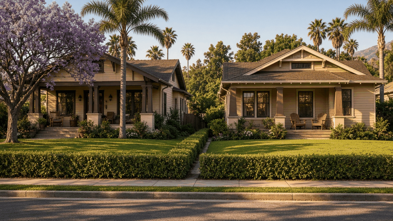Two neighboring suburban homes with connected porches in warm evening light, with no people, text or logos