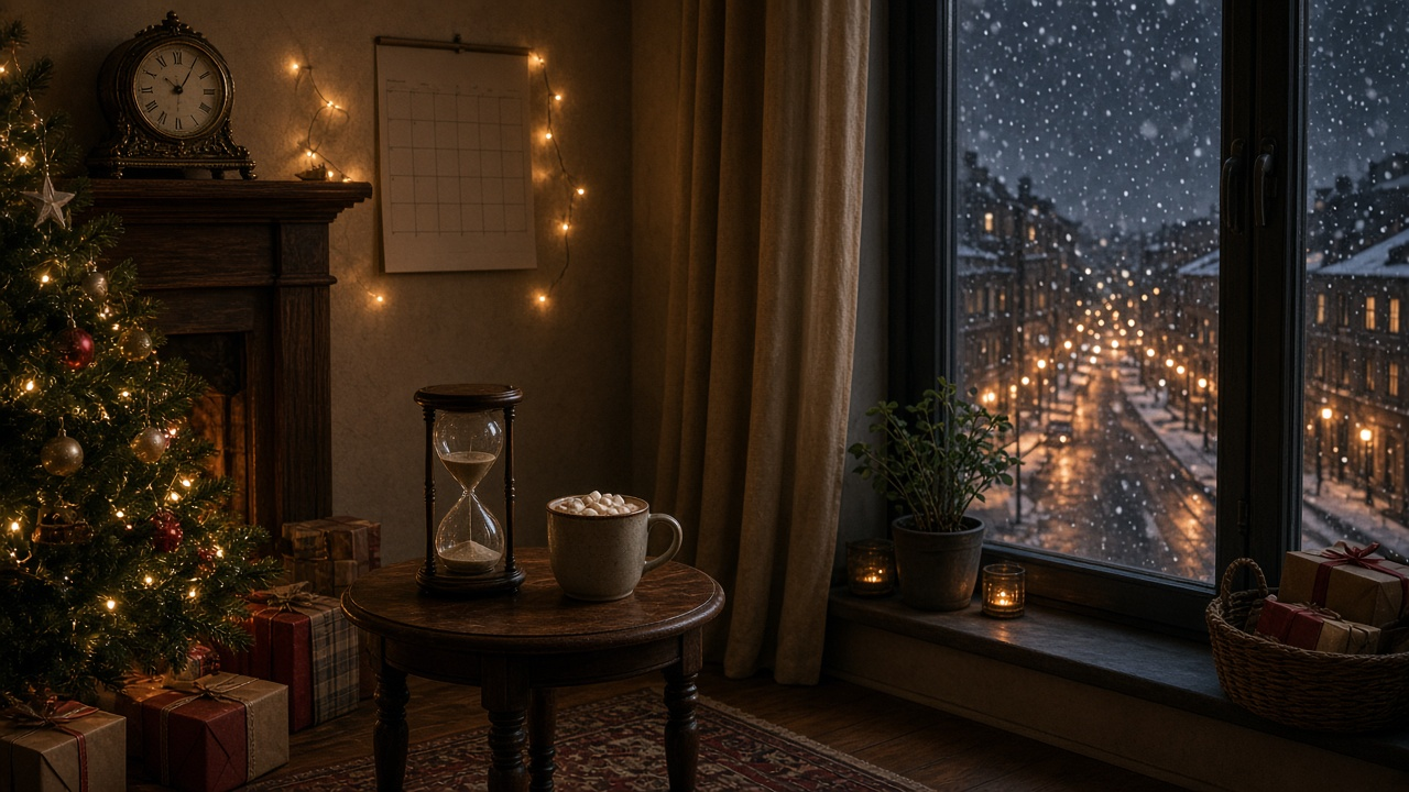 Cozy apartment on Christmas Eve with a mantel clock, hourglass, cocoa and a snowy city street outside the window, no people