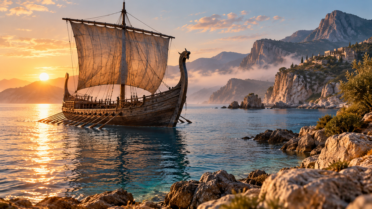 Illustration of an empty ancient sailing ship beside a Mediterranean coast at sunrise
