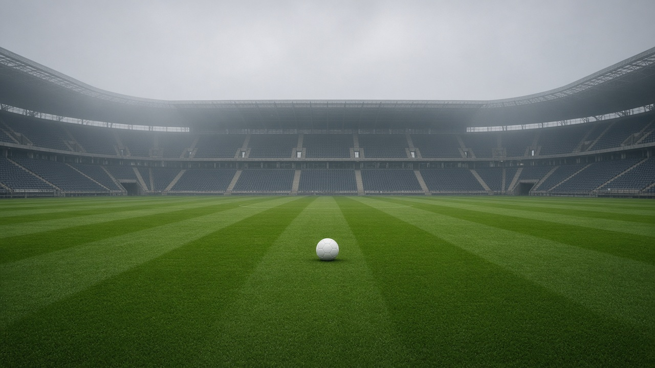 Empty football stadium on a misty autumn morning with a striped green pitch and a white goal net