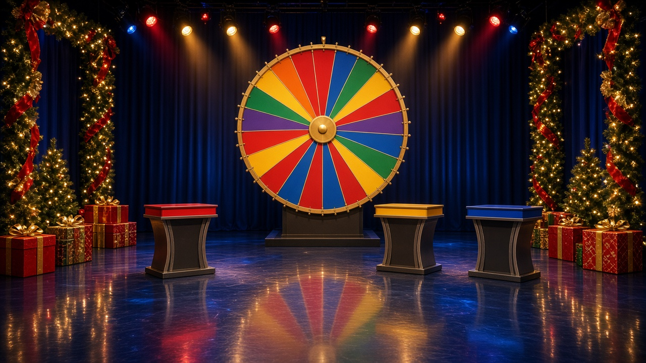 Empty game show stage decorated for the holidays with a blank multicolored prize wheel, podiums and wrapped gifts