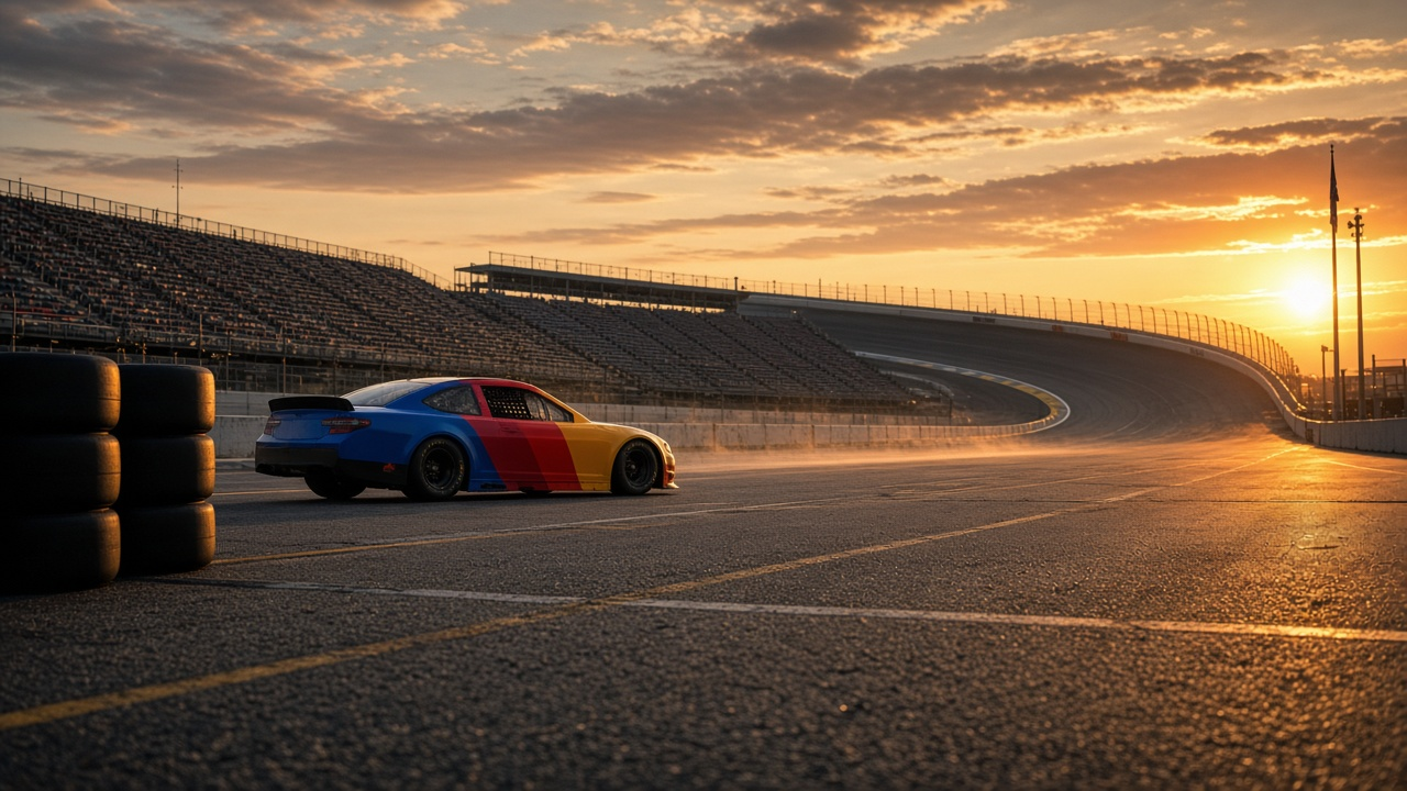 An unbranded stock car parked on pit road beside stacked tires at an empty racetrack at sunset