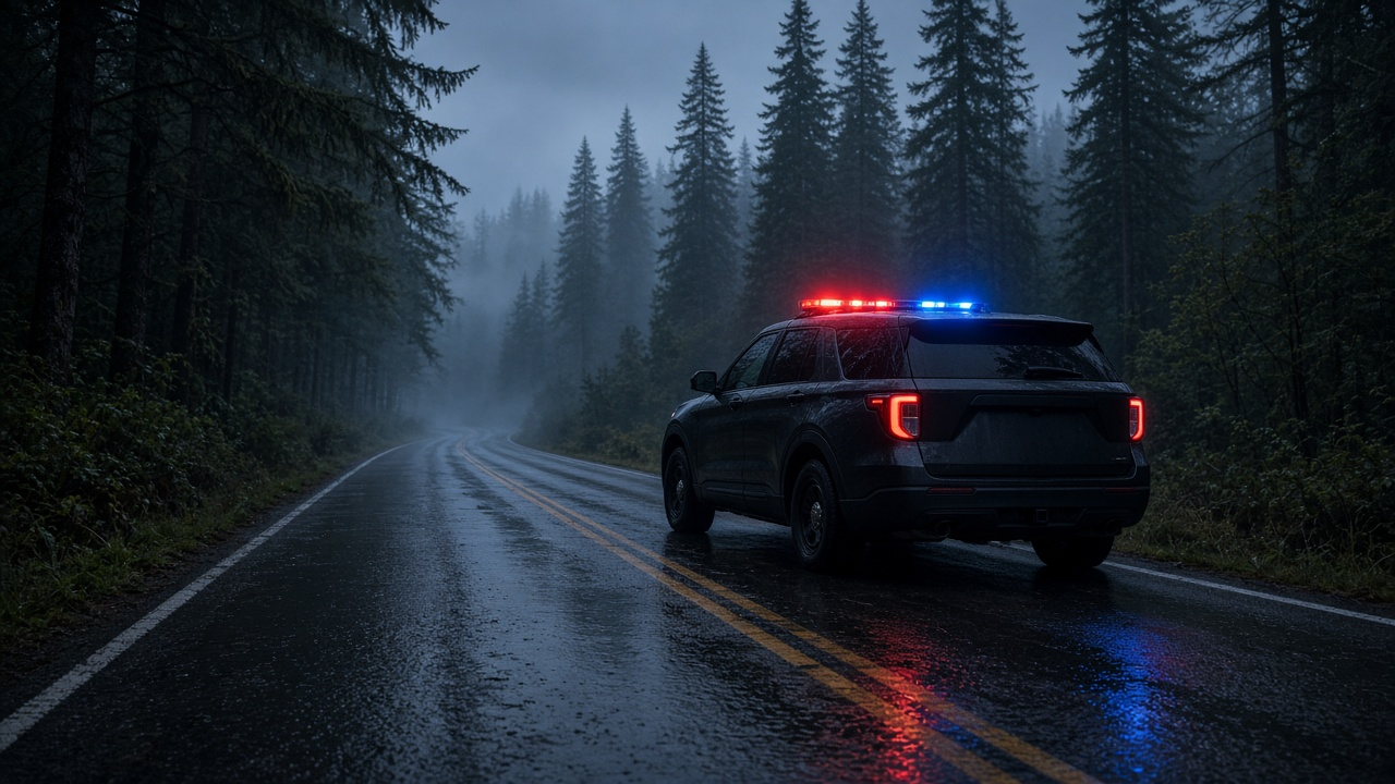 Police SUV with flashing lights parked on a wet road through a misty evergreen forest at dusk