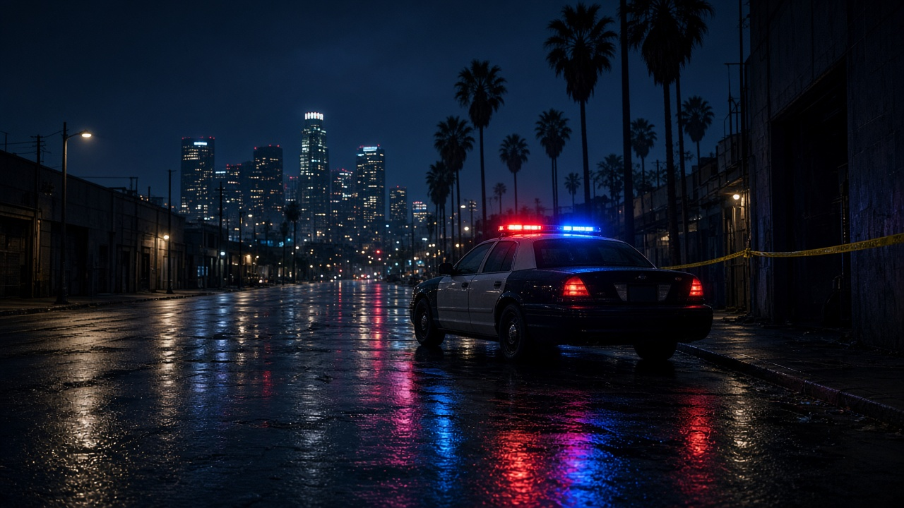 Police patrol car with glowing red and blue lights parked on a rain-soaked Los Angeles street at night with palm trees and the downtown skyline