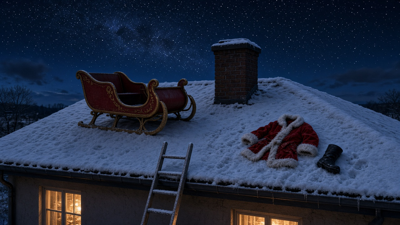 An empty red and gold sleigh on a snowy rooftop at night beside a brick chimney, with a ladder at the gutter and a red fur-trimmed coat and black boot lying in the snow