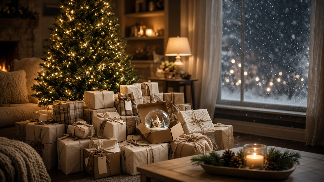 Pile of wrapped white elephant gifts under a twinkling Christmas tree with snowflakes drifting past a window, no people