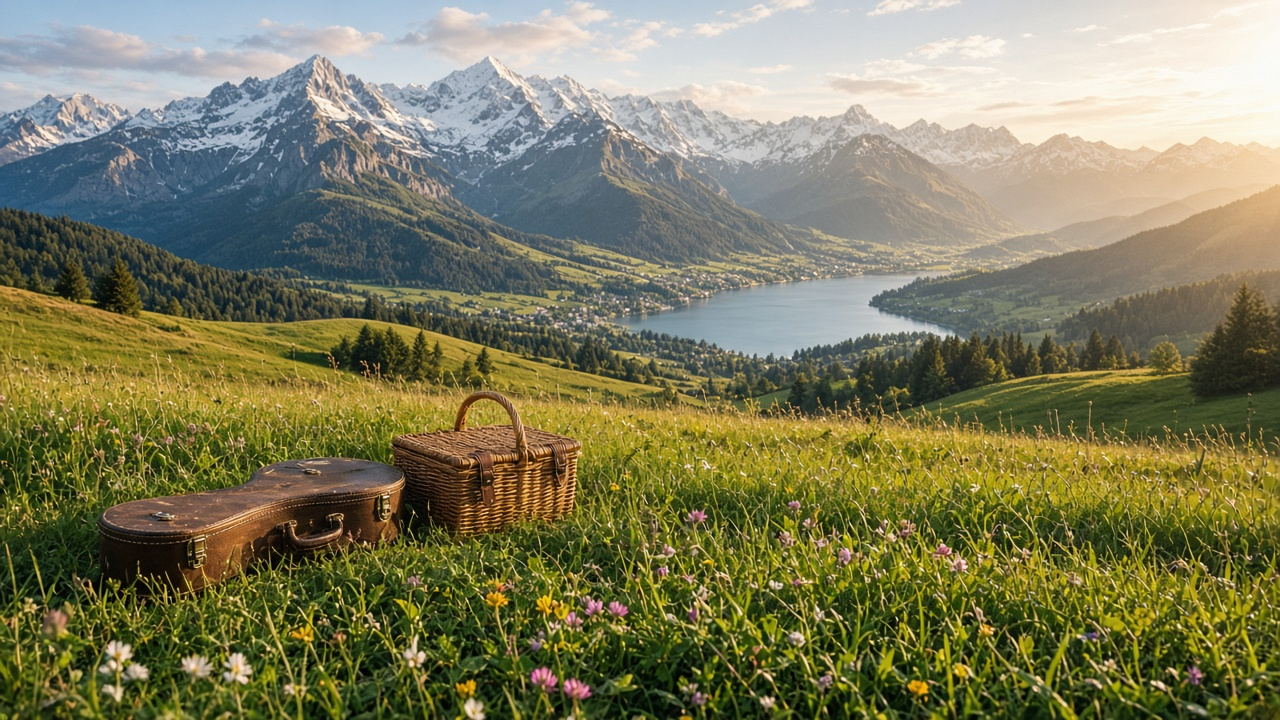A sunlit Alpine meadow full of wildflowers above a mountain lake, with an old guitar case and a wicker picnic basket resting in the grass and snow-capped peaks behind