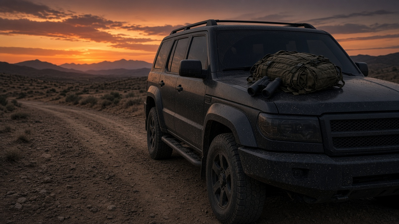 Unmarked SUV on a desert road at dusk, with a backpack and binoculars on its hood