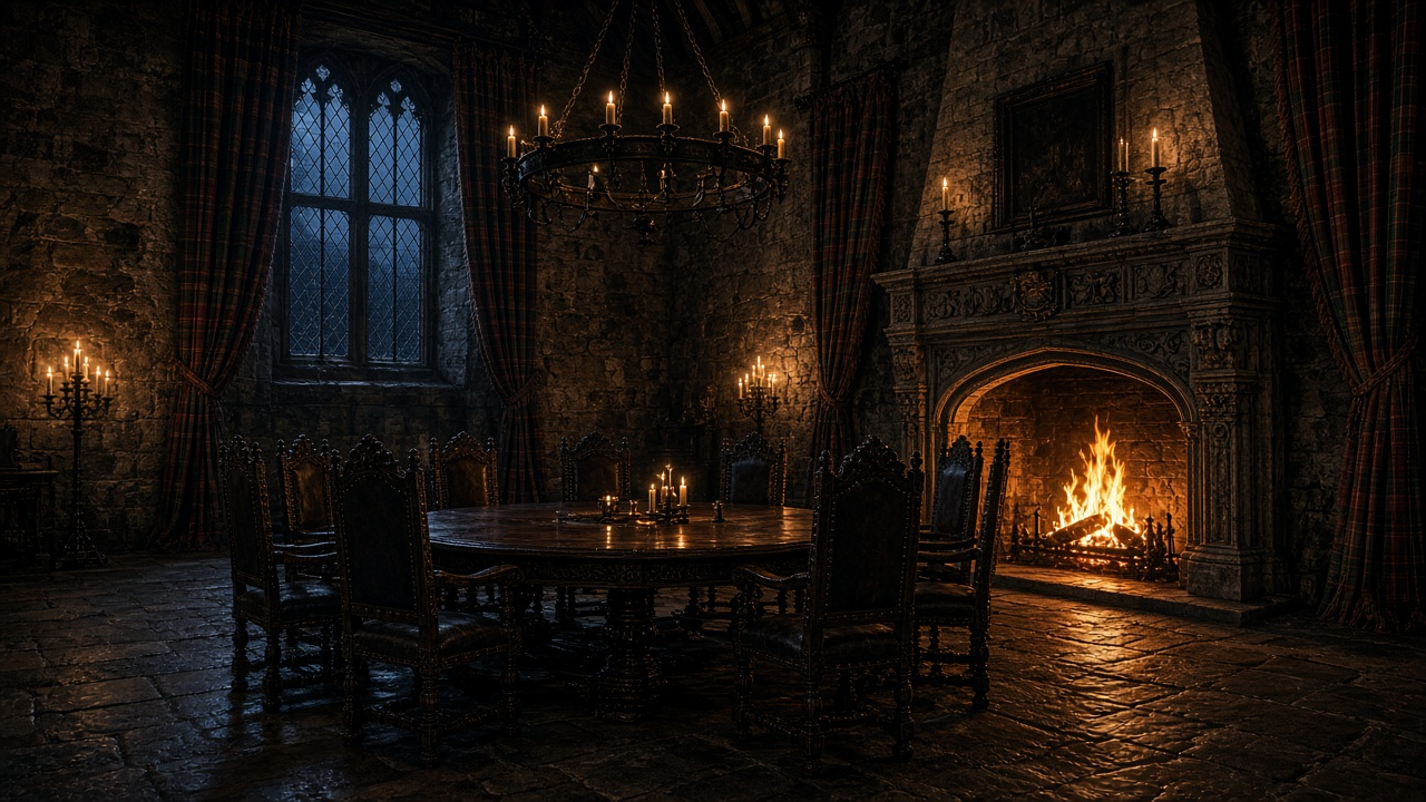 Candlelit round table in a stone Scottish castle hall at night with empty high-backed chairs, a fire in the hearth and tartan drapes