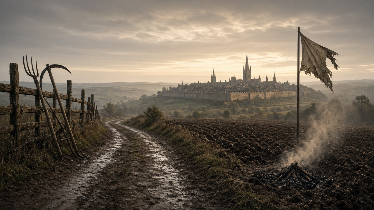 Muddy country road at dawn leading to a distant medieval walled town with church spires, with pitchforks and scythes leaning on a wooden fence, a smoking campfire and a torn banner beside a ploughed field