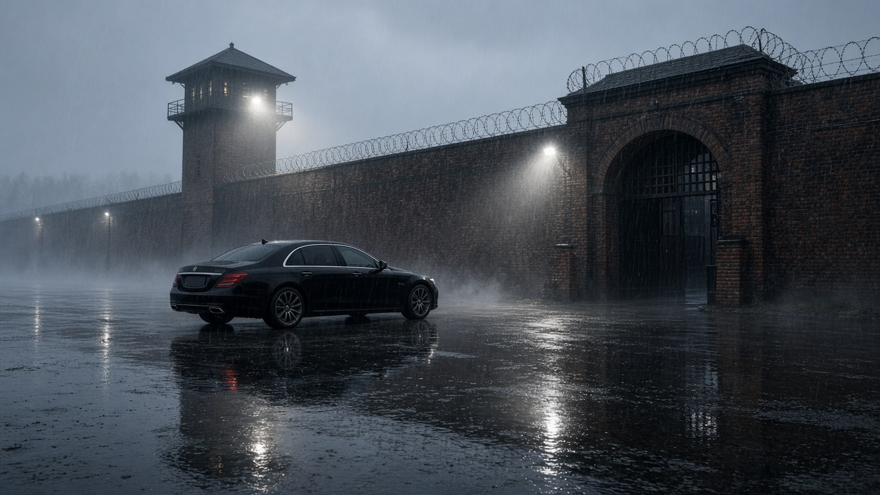 Brick prison wall with razor wire and a guard tower on a rainy, foggy dawn, with a black saloon car waiting on the wet tarmac outside the gate