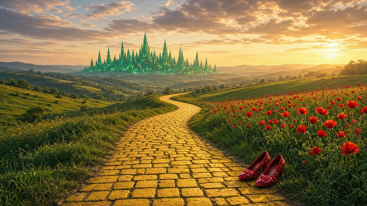 A winding yellow brick road through green hills and red poppies toward a glowing emerald city at sunset, with a pair of sparkly red shoes by the road