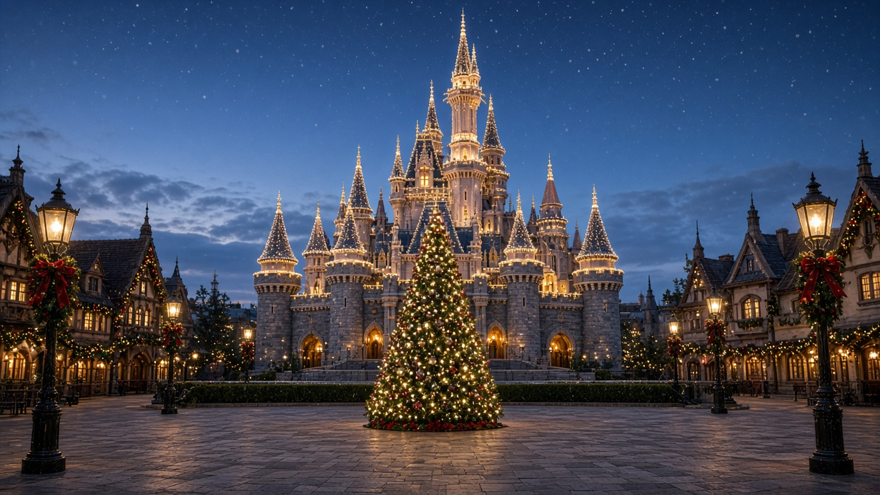 A fairytale castle outlined in warm Christmas lights at dusk behind a decorated Christmas tree in an empty plaza with wreath-trimmed lampposts