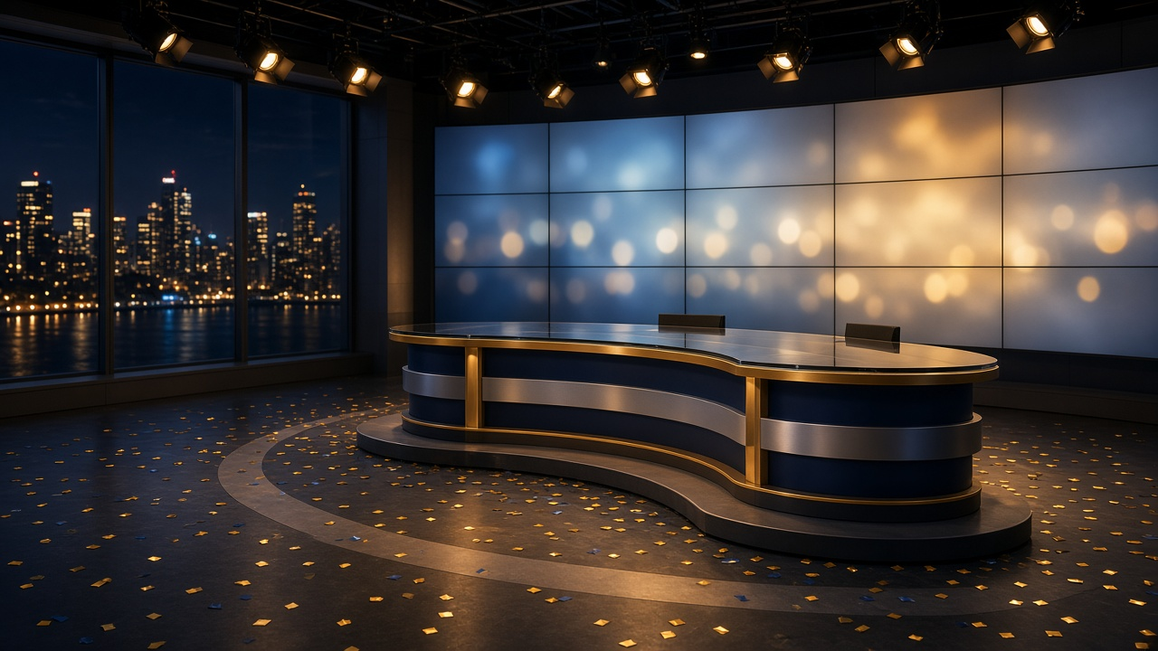 An empty TV news studio at night with a curved anchor desk, a wall of glowing screens, scattered gold confetti and a city skyline through the windows