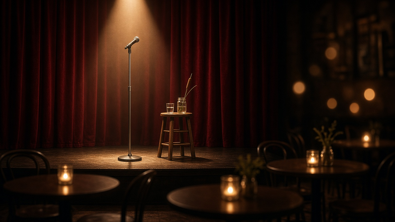 Empty comedy club stage with a microphone on a chrome stand under a warm spotlight, a wooden stool holding a glass of water and a mason jar with a cattail, red velvet curtain and candlelit tables, no people